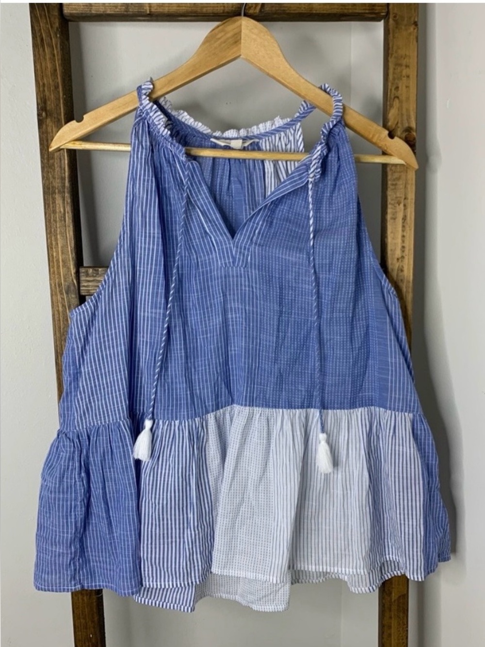 Lucky Brand Blue and White Striped Women's Top L